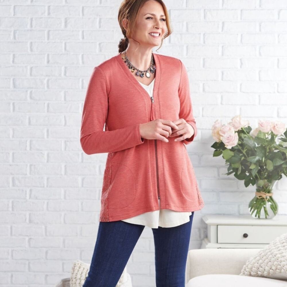 Women's LOGO Lounge Coral Lace Cardigan Jacket Small